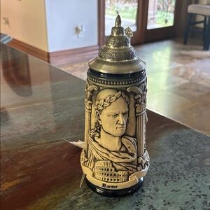 Decorative Rome Ceramic Stein in Cream with Pewter Lid